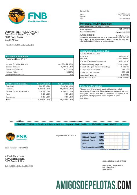 Declaração de hipoteca do First National Bank da África do Sul (FNB) em formatos Word e PDF exemplo